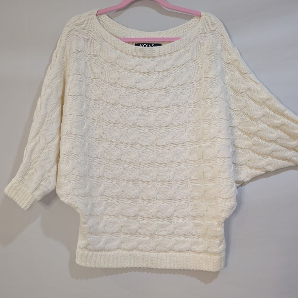 YOINS‎ Cream Cable Knit Sweater Dolman Sleeve L Quiet Luxury Coastal Grandma